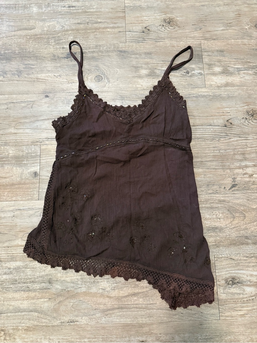 Andrew & Co Brown Crochet-Trim Spaghetti Strap Camisole Vintage Y2K